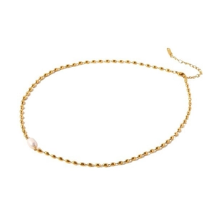 Elegant gold beaded necklace with a central white pearl pendant on a clean white background