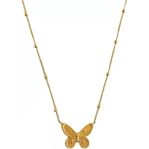 Collar con colgante de mariposa dorada con alas texturizadas y cadena de cuentas en blanco