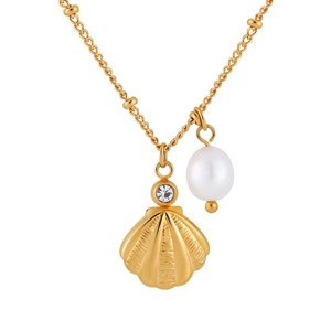 Elegante collana con pendente a conchiglia dorata e perla bianca, catena a fune minimalista