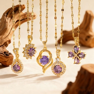 French Light Luxury Stainless Steel Chain Copper Purple Zirconia Necklace For Women Elegant Gold Plated Pendant Jewelry Gift