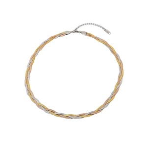Three-tone braided titanium steel necklace in silver, gold, and rose gold with lobster clasp