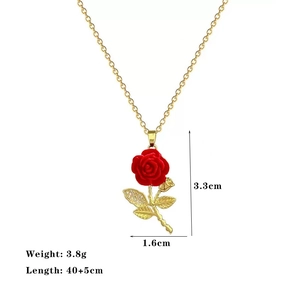 French style red rose titanium steel necklace with gold leaves and cubic zirconia pendant