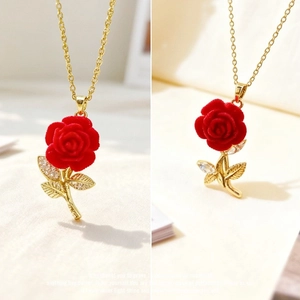 French romantic red rose pendant necklace with gold leaves and zircon inlays