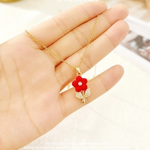 Elegant red rose flower pendant necklace in gold titanium steel with zircon accents