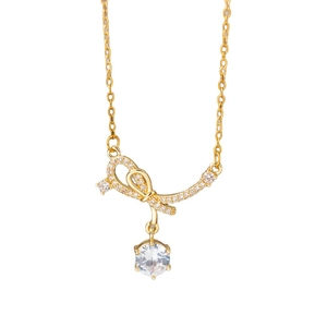 Collana con pendente a fiocco dorato elegante con zirconi bianchi e pietra rotonda