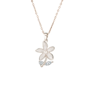 Elegant daisy flower necklace with white enamel petals, pearl center and rose gold chain
