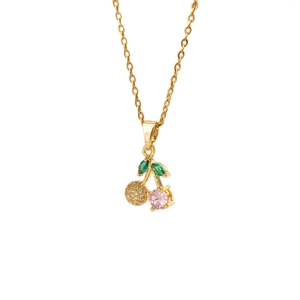 Élégant collier cerise doré avec pavé de zircons et pendentif pierre rose pour femme