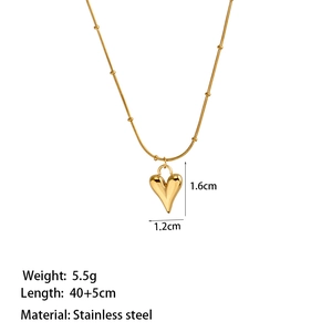 Polished gold stainless steel heart pendant necklace with bead chain for women