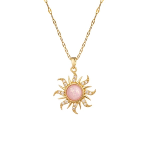 Titanium sunflower necklace with pink opal stone and zircon accents on a gold chain