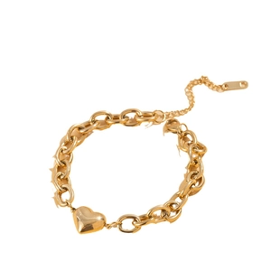 Bracelet à grosse chaîne dorée avec pendentif cœur poli et chaînette d'extension réglable