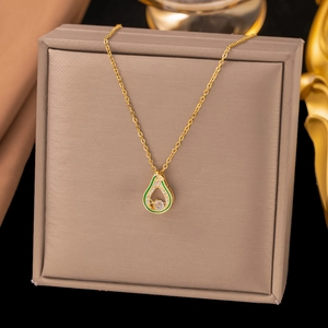 Detailed close-up of water drop necklace with green enamel and sparkling white crystals