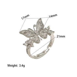 Bague en argent avec papillons en zircone rose étincelante et dimensions
