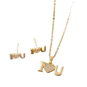Elegant gold jewelry set with I Love U heart pendants and sparkling zircon stones