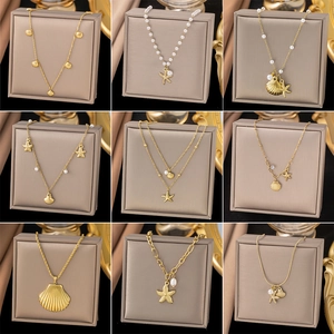 Stainless Steel Ocean Starfish Shell Jewelry Set Gold Plated Dolphin Artificial Pearl Necklace Bracelet Earrings For Women Beach Jewelry