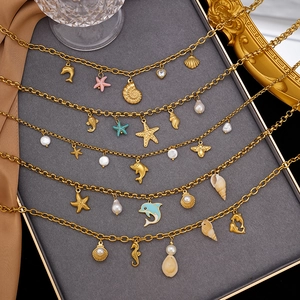 Stainless Steel Ocean Theme Jewelry Gold Plated Starfish Shell Dolphin Charm Necklace Bracelet For Women Beach Vacation Fashion