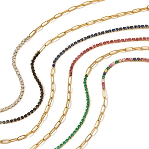 Titanium steel tennis chain bracelet with colorful rhinestones in gold plating finish