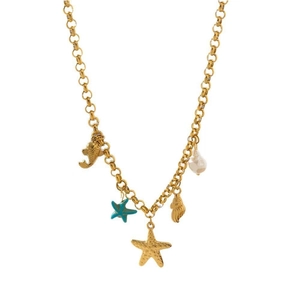 Detailed close-up of a gold ocean theme necklace with starfish shells and a pearl
