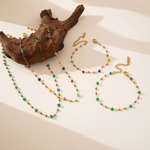 Parure de bijoux dorée en acier inoxydable avec pendentifs cœurs colorés et perles
