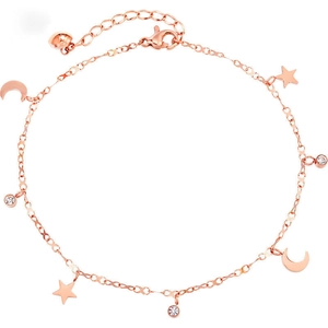 Elegante tobillera de oro rosa de 18K con estrella, luna y circonitas para mujer