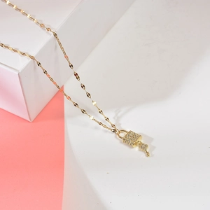 Fashionable gold-plated padlock and key necklace with micro-pave zircons for women