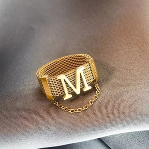 Golden woven mesh ring with letter M and MOM engraving plus a delicate drop chain