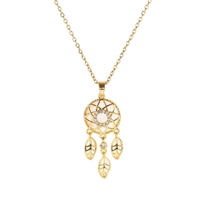 Vintage golden dreamcatcher necklace with sparkling zircon circle and leaf charms