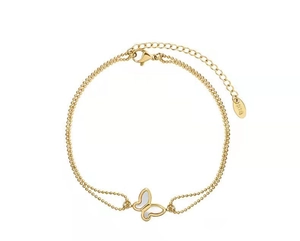 Detail of double-layer bead anklet with butterfly mother of pearl pendant and K18 stamp