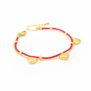 Red cord and gold chain double-layer bracelet with heart pendants and beads