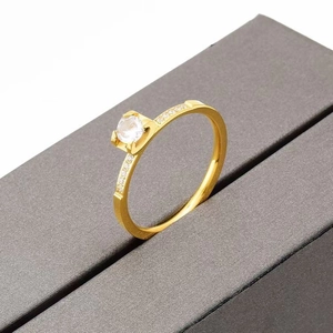 Minimalist Gold Plated Stainless Steel Ring With Round Zirconia Four-Prong Setting Side Stones Fashion Jewelry Gift For Women