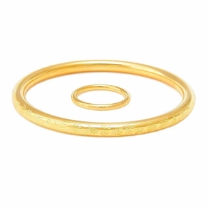 Golden Chinese style titanium steel jewelry set featuring Wanfu engraved bangle and ring