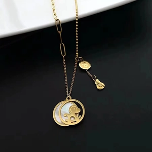 Golden titanium necklace with white shell horse pendant and dollar coin charms