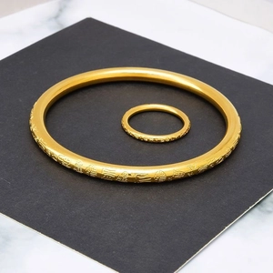 Gold Chinese vintage titanium steel bracelet and ring set with traditional Fu relief engraving