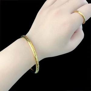Vintage Chinese Style Stainless Steel Gold Plated Bangle And Ring With Engraved Fu Blessing Character Zen Jewelry Gift