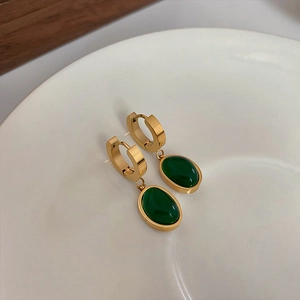 Titanium steel emerald drop earrings with gold plating and oval green gemstone details