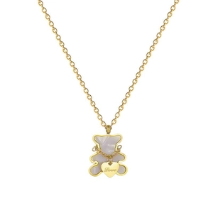Golden bear necklace with pearlescent shell inlay and Love engraved heart charm