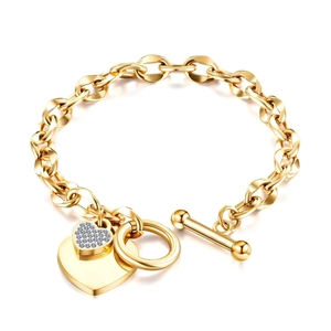 Gold double heart charm bracelet with paved stones and toggle clasp for women