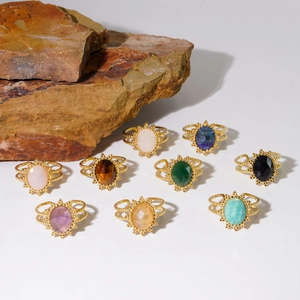 Anello Aperto in Acciaio Inossidabile Girasole Vintage Francese con Pietra Naturale Intarsiata Ovale Ametista Quarzo Gioielli Boho Donna