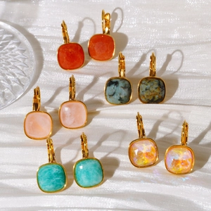 Luxury gold square natural stone leverback earrings set in five elegant colors on silk