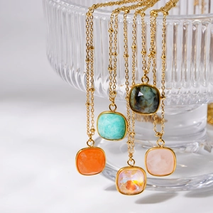 Luxurious titanium steel necklace set with colorful square natural stone pendants