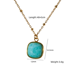 Close-up of luxury gold-plated square stone necklace with size and weight annotations