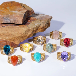 Retro stainless steel open rings with multi-color pear-cut stones and gold multi-row bands