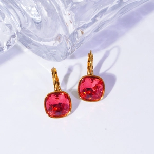Nahaufnahme von 14K Gold-Edelstahl-Ohrringen mit facettierten roten Zirkonia-Steinen