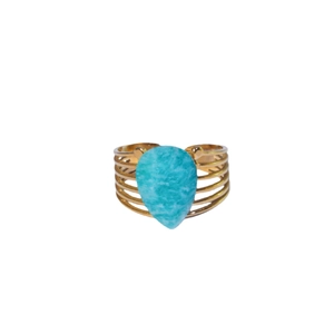 Bohemian vintage open ring with teardrop blue natural stone and gold layered band