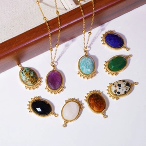 Handmade stainless steel necklace set with colorful natural stone oval pendants and beads