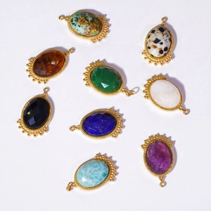 Set of 8 colorful oval natural stone pendants with gold beaded edges for necklaces