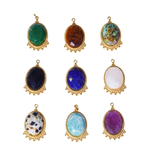 Matrix of nine oval natural stone pendants with beaded gold frames on white background