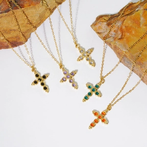 Vintage 304 Stainless Steel Gold Plated Cross Pendant Necklace With Colorful Zirconia Inlaid Adjustable Chain Women Men Jewelry