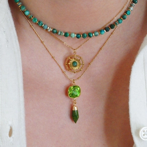 Luxury layered gold necklace set with green natural stone pendants and crystal cube detail
