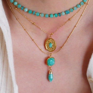 Bohemian gold plated multi-layer necklace set with turquoise beads and sun emblem
