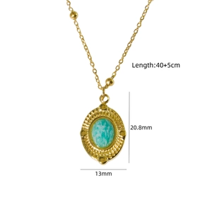 Detail view of oval amazonite gold necklace with dimensions 20.8mm height and 13mm width